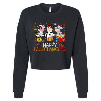 Happy HalloThanksMas Funny Santa Cow Halloween Thanksgiving Cropped Pullover Crew