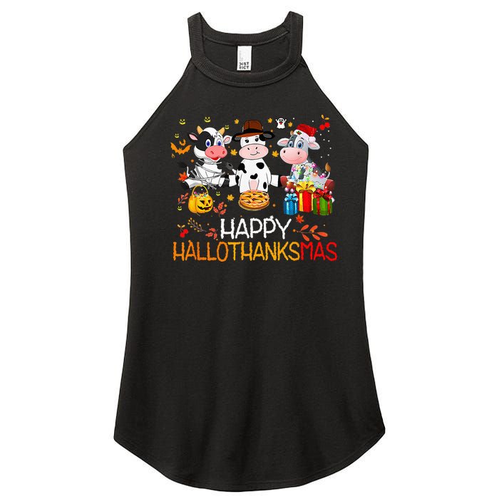 Happy HalloThanksMas Funny Santa Cow Halloween Thanksgiving Women's Perfect Tri Rocker Tank