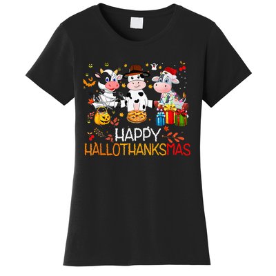 Happy HalloThanksMas Funny Santa Cow Halloween Thanksgiving Women's T-Shirt