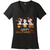 Happy HalloThanksMas Funny Santa Cow Halloween Thanksgiving Women's V-Neck T-Shirt