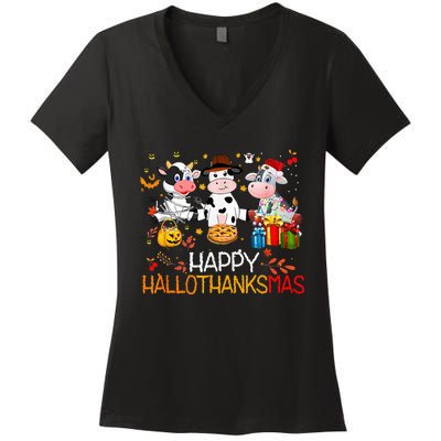 Happy HalloThanksMas Funny Santa Cow Halloween Thanksgiving Women's V-Neck T-Shirt