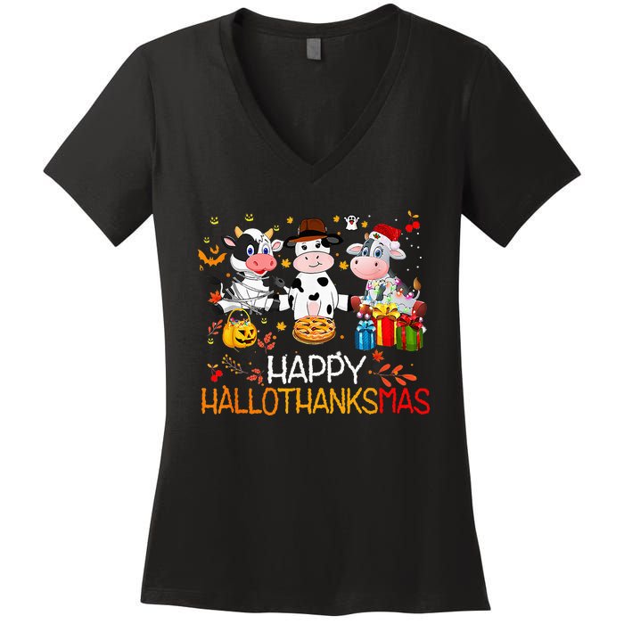 Happy HalloThanksMas Funny Santa Cow Halloween Thanksgiving Women's V-Neck T-Shirt