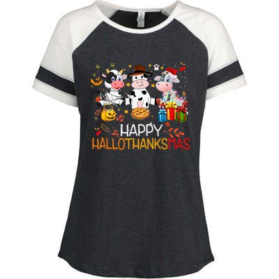 Happy HalloThanksMas Funny Santa Cow Halloween Thanksgiving Enza Ladies Jersey Colorblock Tee