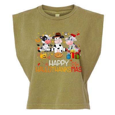 Happy HalloThanksMas Funny Santa Cow Halloween Thanksgiving Garment-Dyed Women's Muscle Tee