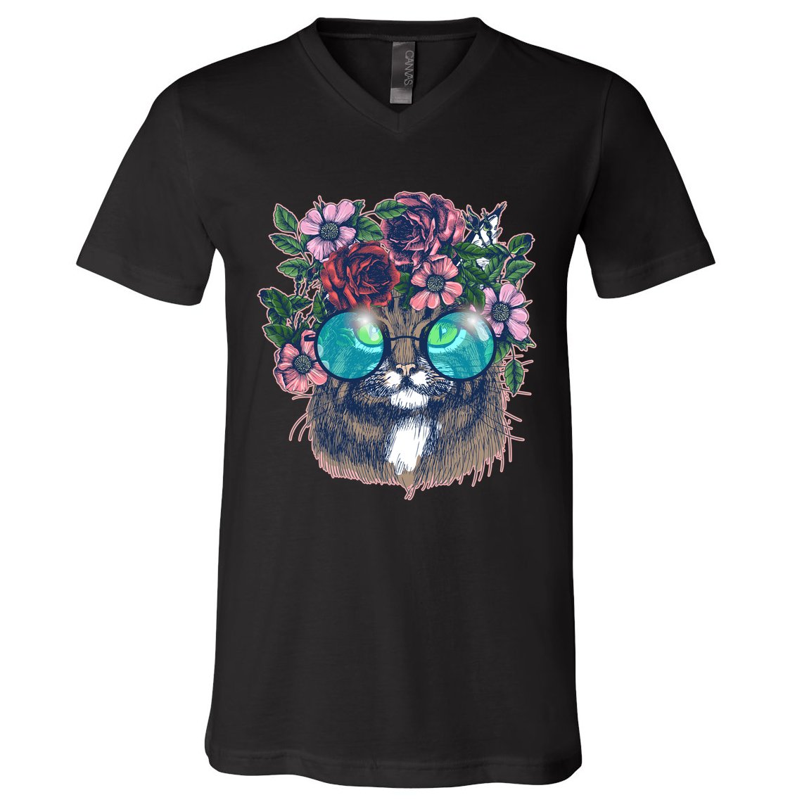 Hippy Hipster Flower Crown Cat V-Neck T-Shirt