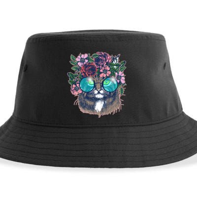 Hippy Hipster Flower Crown Cat Sustainable Bucket Hat