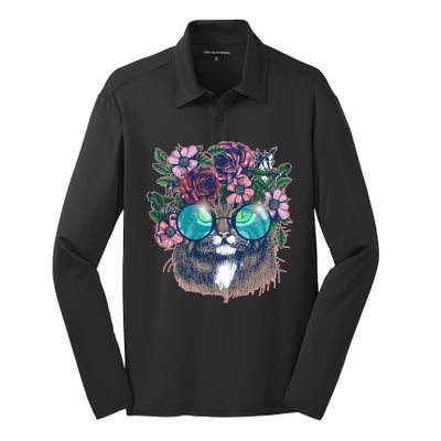 Hippy Hipster Flower Crown Cat Silk Touch Performance Long Sleeve Polo