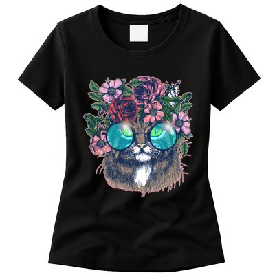 Hippy Hipster Flower Crown Cat Womens T-Shirt