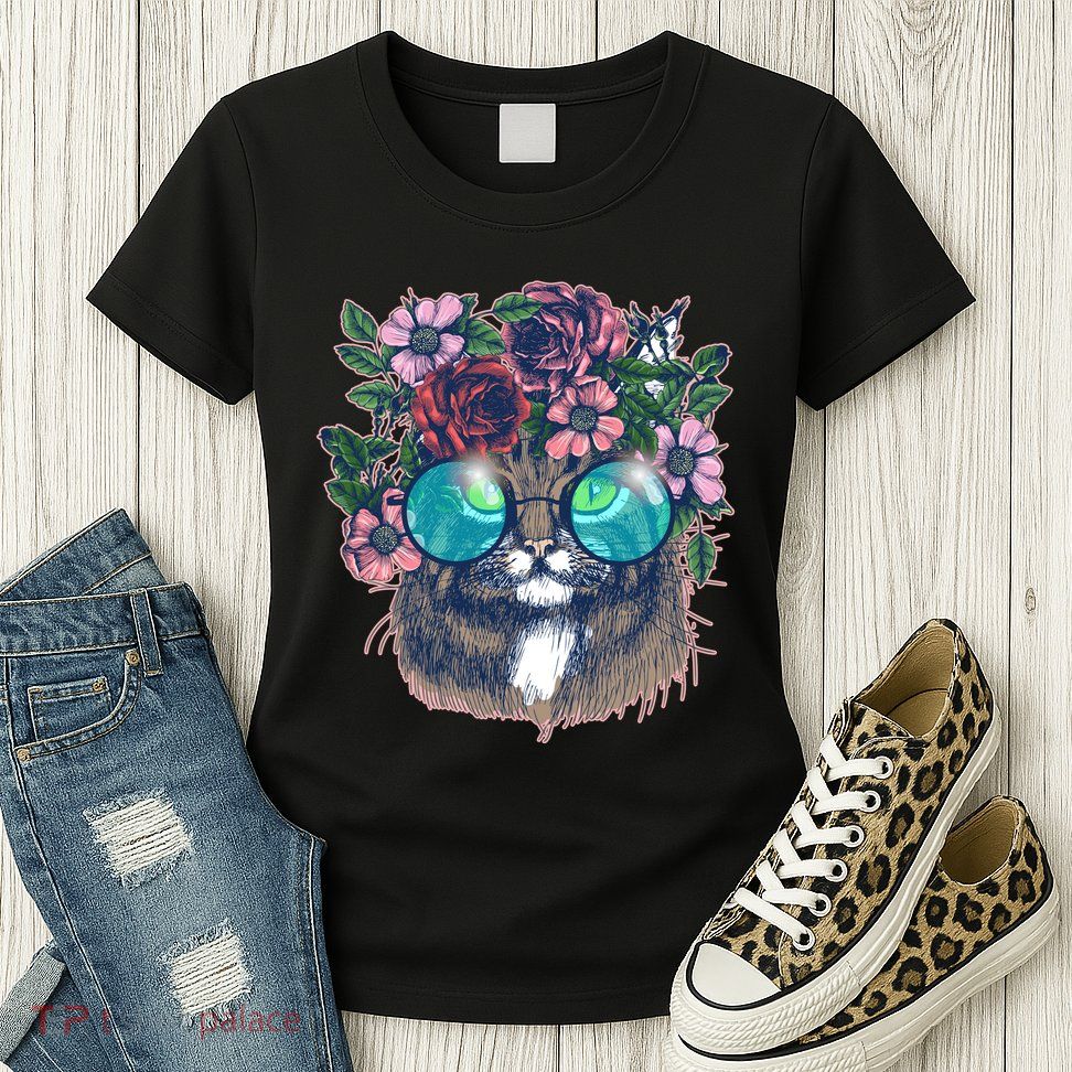 Hippy Hipster Flower Crown Cat Womens T-Shirt