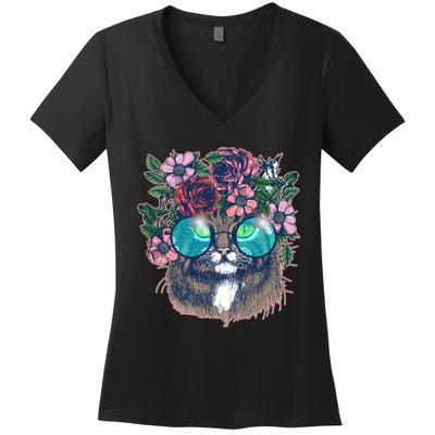Hippy Hipster Flower Crown Cat Women's V-Neck T-Shirt