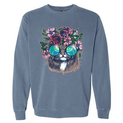 Hippy Hipster Flower Crown Cat Garment-Dyed Sweatshirt