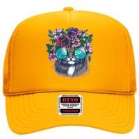 Hippy Hipster Flower Crown Cat High Crown Mesh Back Trucker Hat