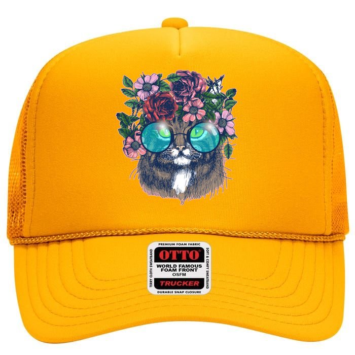 Hippy Hipster Flower Crown Cat High Crown Mesh Back Trucker Hat