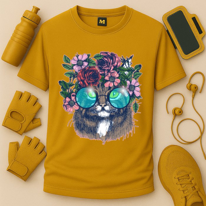Hippy Hipster Flower Crown Cat Cooling Performance Crew T-Shirt