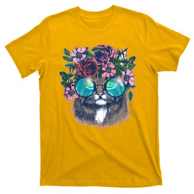 Hippy Hipster Flower Crown Cat T-Shirt