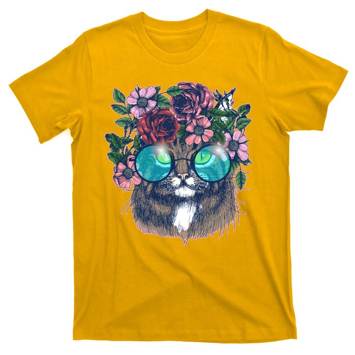 Hippy Hipster Flower Crown Cat T-Shirt