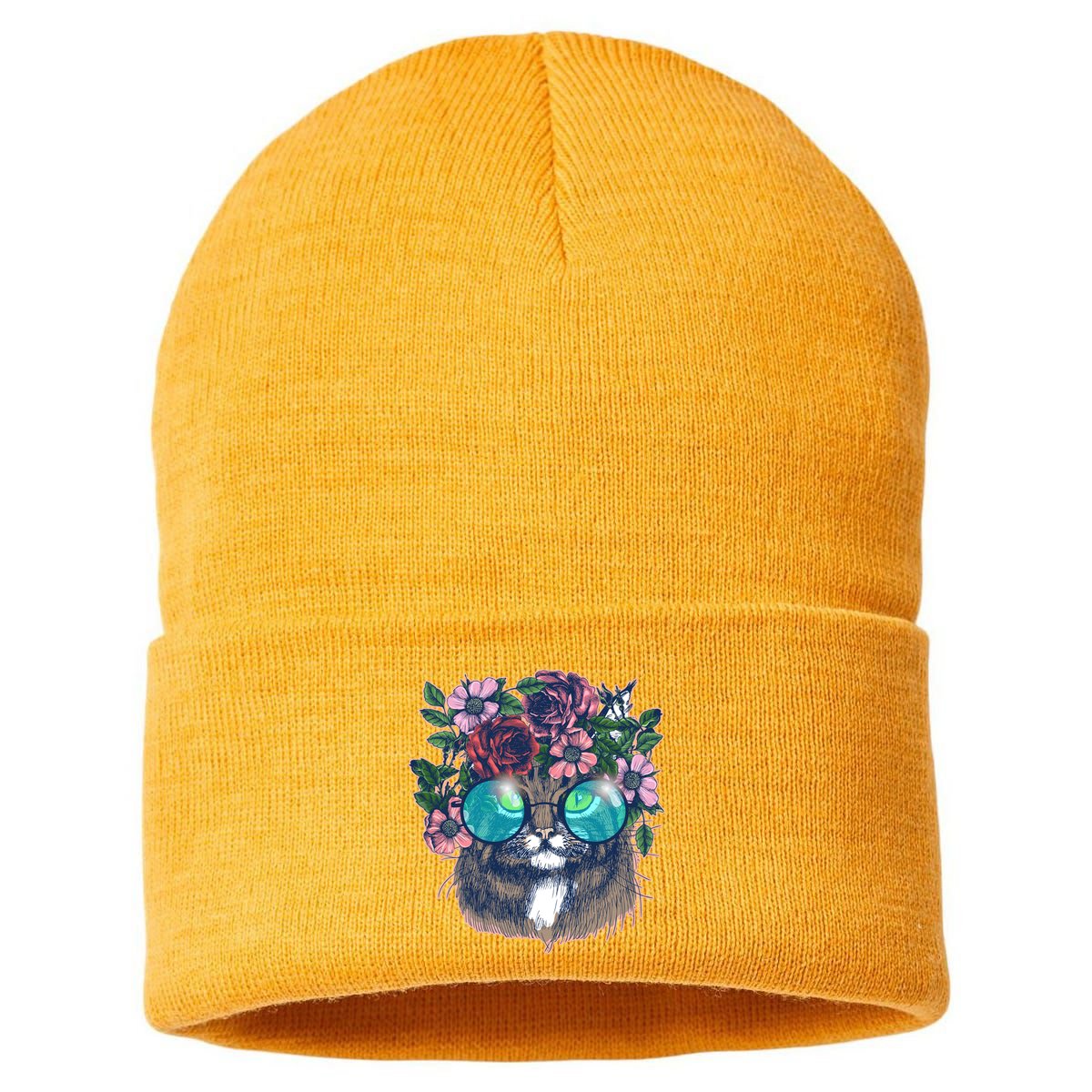 Hippy Hipster Flower Crown Cat Sustainable Knit Beanie