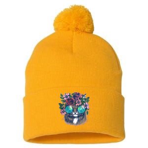 Hippy Hipster Flower Crown Cat Pom Pom 12in Knit Beanie