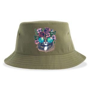 Hippy Hipster Flower Crown Cat Sustainable Bucket Hat