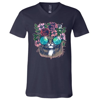 Hippy Hipster Flower Crown Cat V-Neck T-Shirt