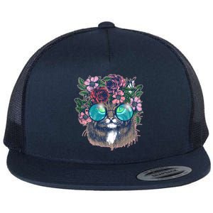 Hippy Hipster Flower Crown Cat Flat Bill Trucker Hat