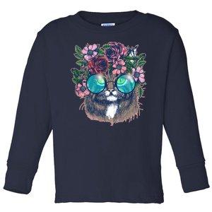 Hippy Hipster Flower Crown Cat Toddler Long Sleeve Shirt