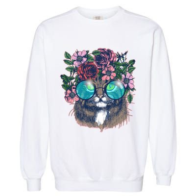 Hippy Hipster Flower Crown Cat Garment-Dyed Sweatshirt