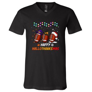 Happy Hallothanksmas Football Halloween Thanksgiving Xmas V-Neck T-Shirt