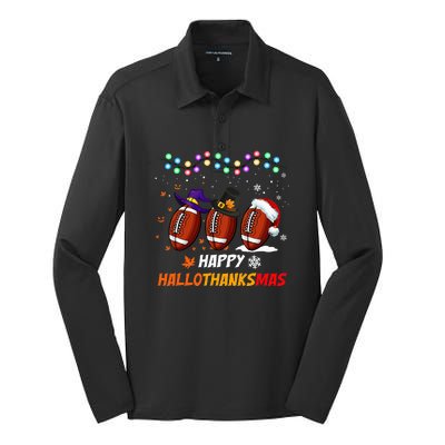 Happy Hallothanksmas Football Halloween Thanksgiving Xmas Silk Touch Performance Long Sleeve Polo