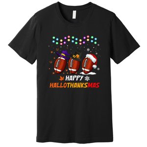 Happy Hallothanksmas Football Halloween Thanksgiving Xmas Premium T-Shirt