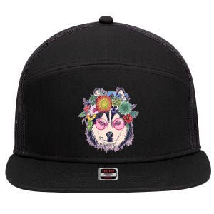 Hippy Hipster Flower Crown Dog 7 Panel Mesh Trucker Snapback Hat