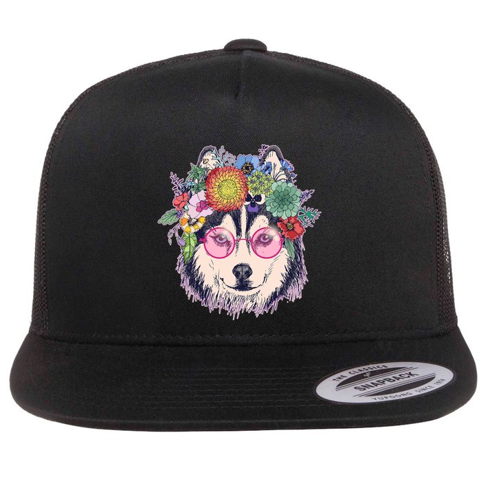 Hippy Hipster Flower Crown Dog Flat Bill Trucker Hat