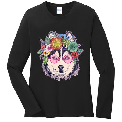 Hippy Hipster Flower Crown Dog Ladies Long Sleeve Shirt