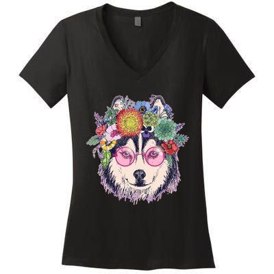 Hippy Hipster Flower Crown Dog Women's V-Neck T-Shirt