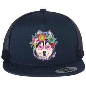 Hippy Hipster Flower Crown Dog Flat Bill Trucker Hat