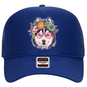 Hippy Hipster Flower Crown Dog High Crown Mesh Back Trucker Hat