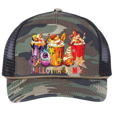 Happy Hallothanksmas Funny Halloween Thanksgiving Christmas Retro Rope Trucker Hat Cap