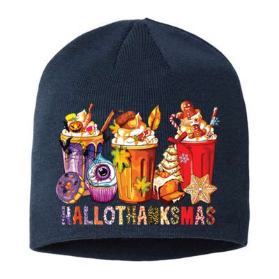 Happy Hallothanksmas Funny Halloween Thanksgiving Christmas Sustainable Beanie