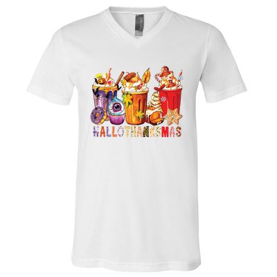 Happy Hallothanksmas Funny Halloween Thanksgiving Christmas V-Neck T-Shirt