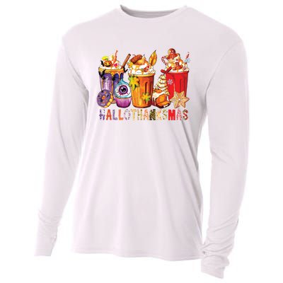 Happy Hallothanksmas Funny Halloween Thanksgiving Christmas Cooling Performance Long Sleeve Crew