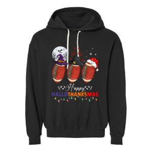 Happy Hallothanksmas Football Halloween Thanksgiving Xmas Garment-Dyed Fleece Hoodie