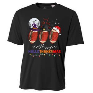 Happy Hallothanksmas Football Halloween Thanksgiving Xmas Cooling Performance Crew T-Shirt