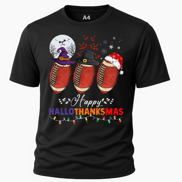 Happy Hallothanksmas Football Halloween Thanksgiving Xmas Cooling Performance Crew T-Shirt