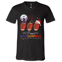 Happy Hallothanksmas Football Halloween Thanksgiving Xmas V-Neck T-Shirt