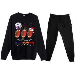 Happy Hallothanksmas Football Halloween Thanksgiving Xmas Premium Crewneck Sweatsuit Set