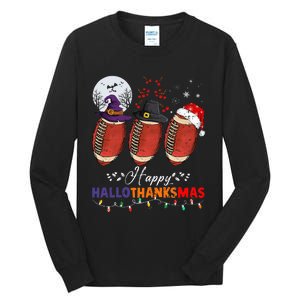 Happy Hallothanksmas Football Halloween Thanksgiving Xmas Tall Long Sleeve T-Shirt