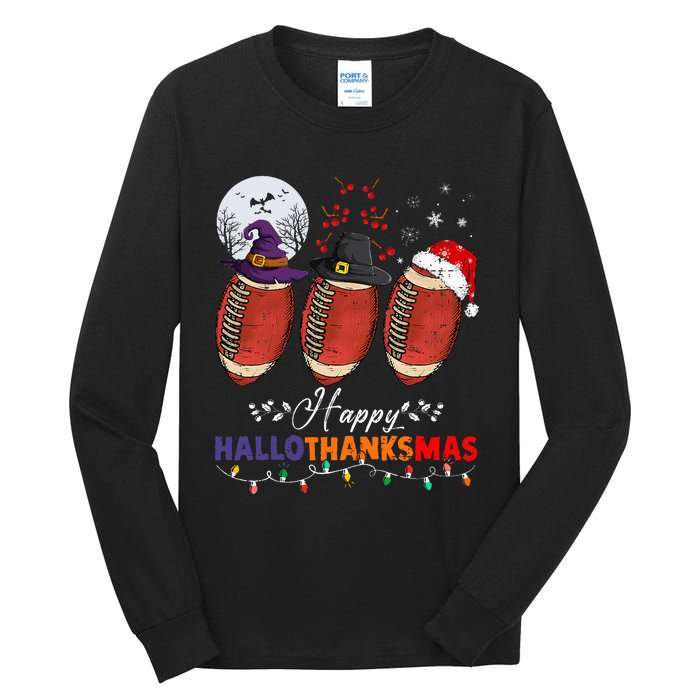 Happy Hallothanksmas Football Halloween Thanksgiving Xmas Tall Long Sleeve T-Shirt