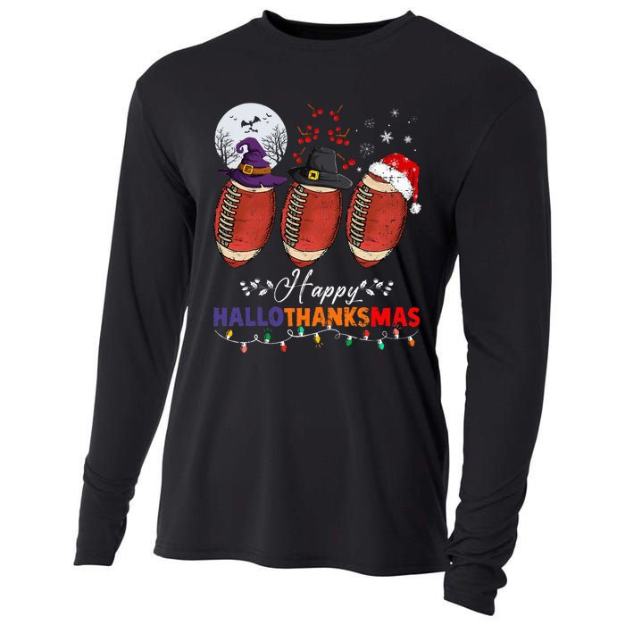 Happy Hallothanksmas Football Halloween Thanksgiving Xmas Cooling Performance Long Sleeve Crew