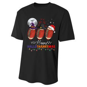 Happy Hallothanksmas Football Halloween Thanksgiving Xmas Performance Sprint T-Shirt