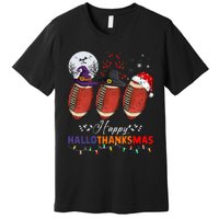 Happy Hallothanksmas Football Halloween Thanksgiving Xmas Premium T-Shirt